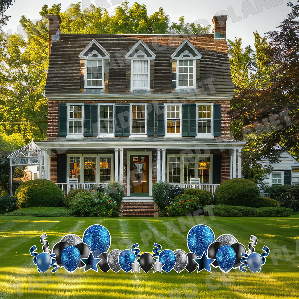 Black, Silver and Blue Glitter Balloons, Stars and Streamers Yard Card Flair Set