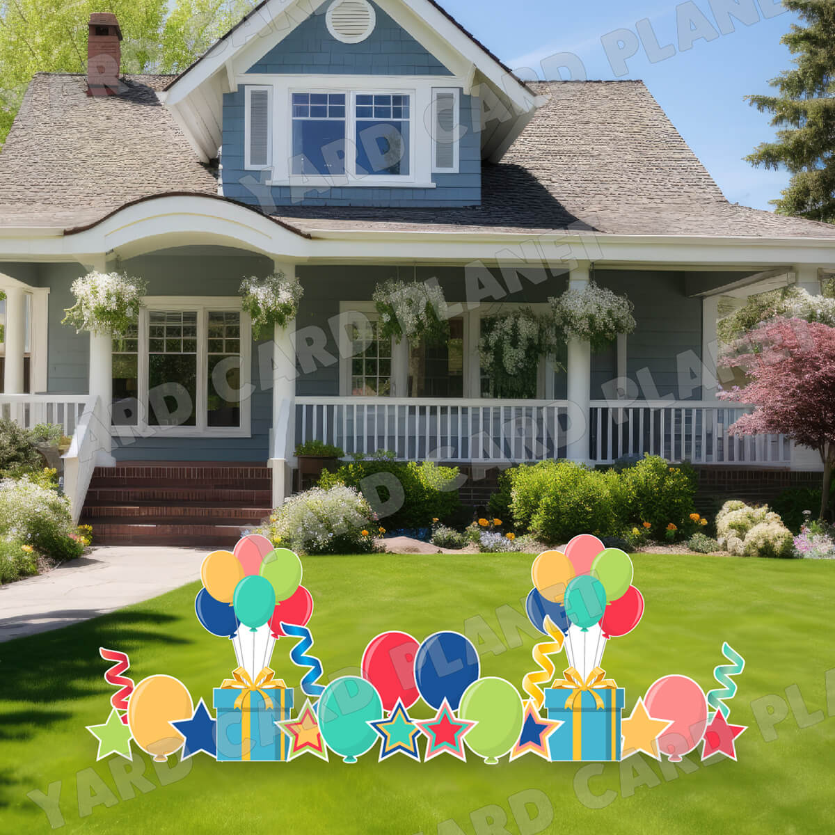 Pastel Colored Extra Large Presents with Balloon Bouquet, Balloons, Stars and Steamers Yard Card Flair Set