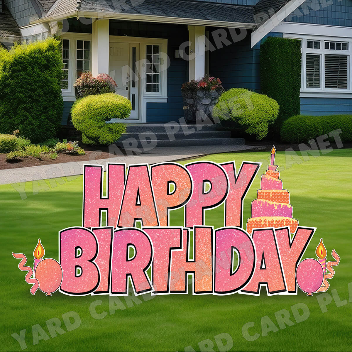 Large 23.5" Pink to Orange Gradient Happy Birthday Yard Card EZ Quick Set in Luckiest Guy Font and Birthday Flair