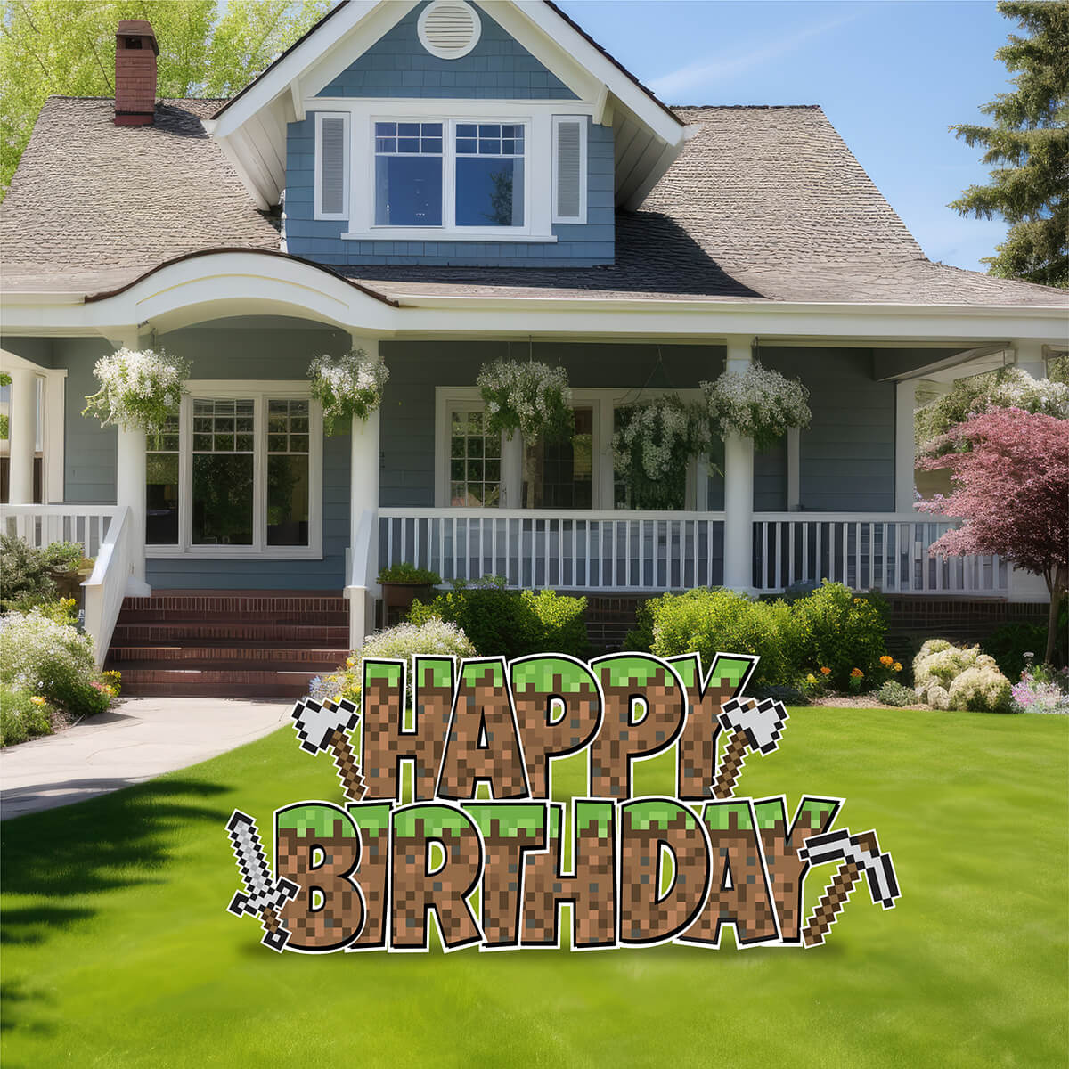 Large 23.5" Pixel Adventure Happy Birthday Yard Card EZ Quick Set in Luckiest Guy Font and Birthday Flair