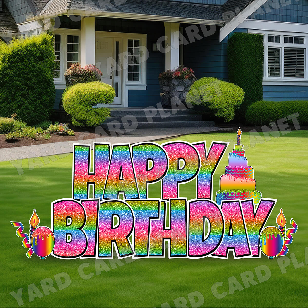 Large 23.5" Glittered Rainbow Happy Birthday Yard Card EZ Quick Set in Luckiest Guy Font and Birthday Flair