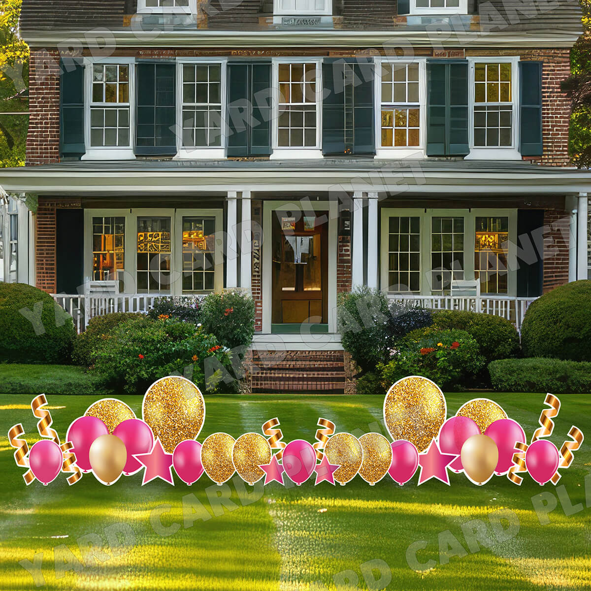 Gold Glitter Pattern and Pink Balloons and Streamers Yard Card Flair Set