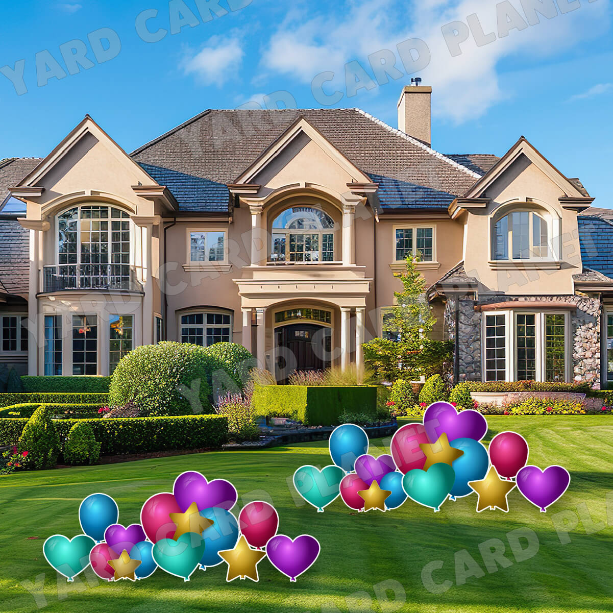 Metallic Colorful Design Heart, Stars and Balloon Bouquets Yard Card Flair Set