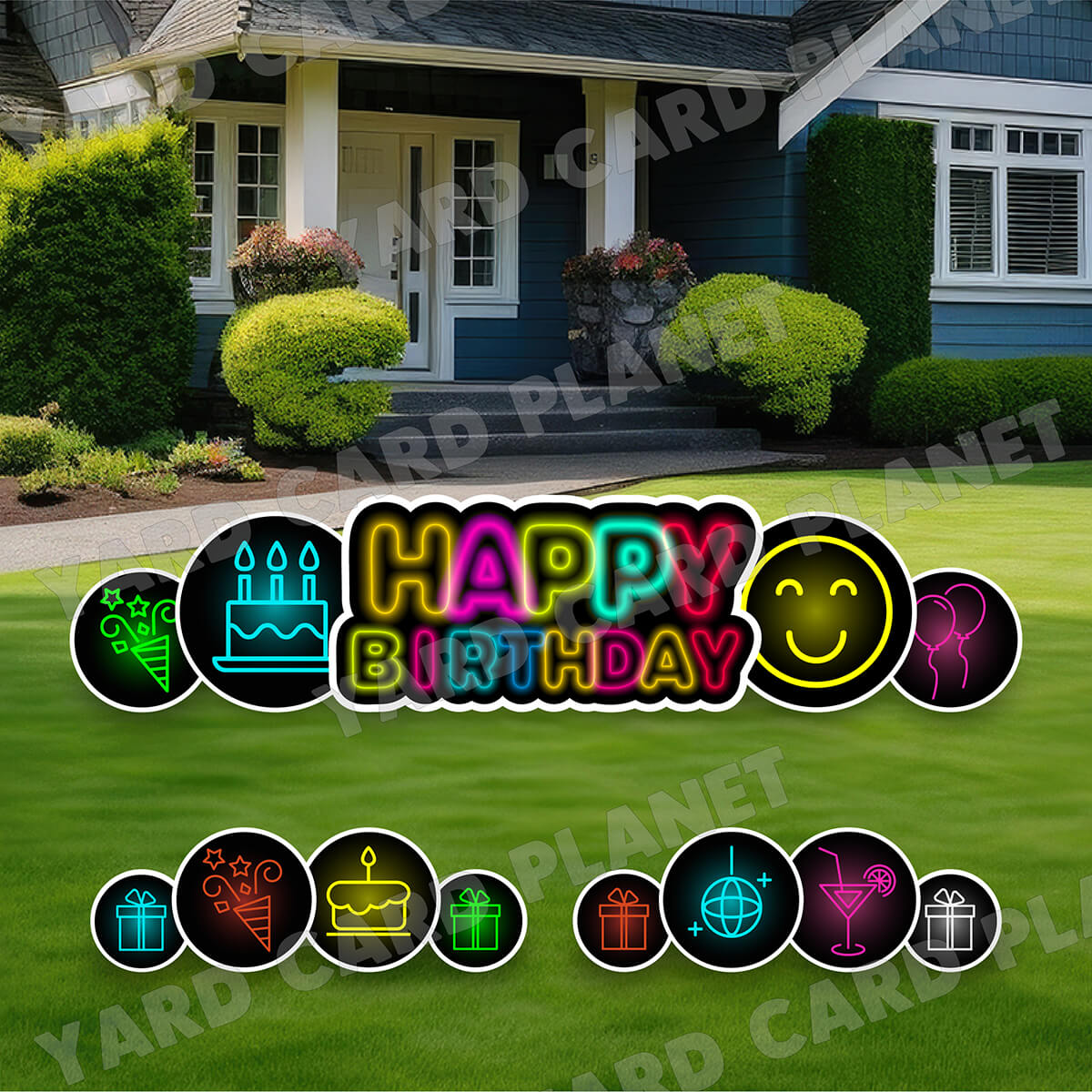 Neon Happy Birthday EZ Quick Sign and Birthday Medallions Yard Card Flair Set