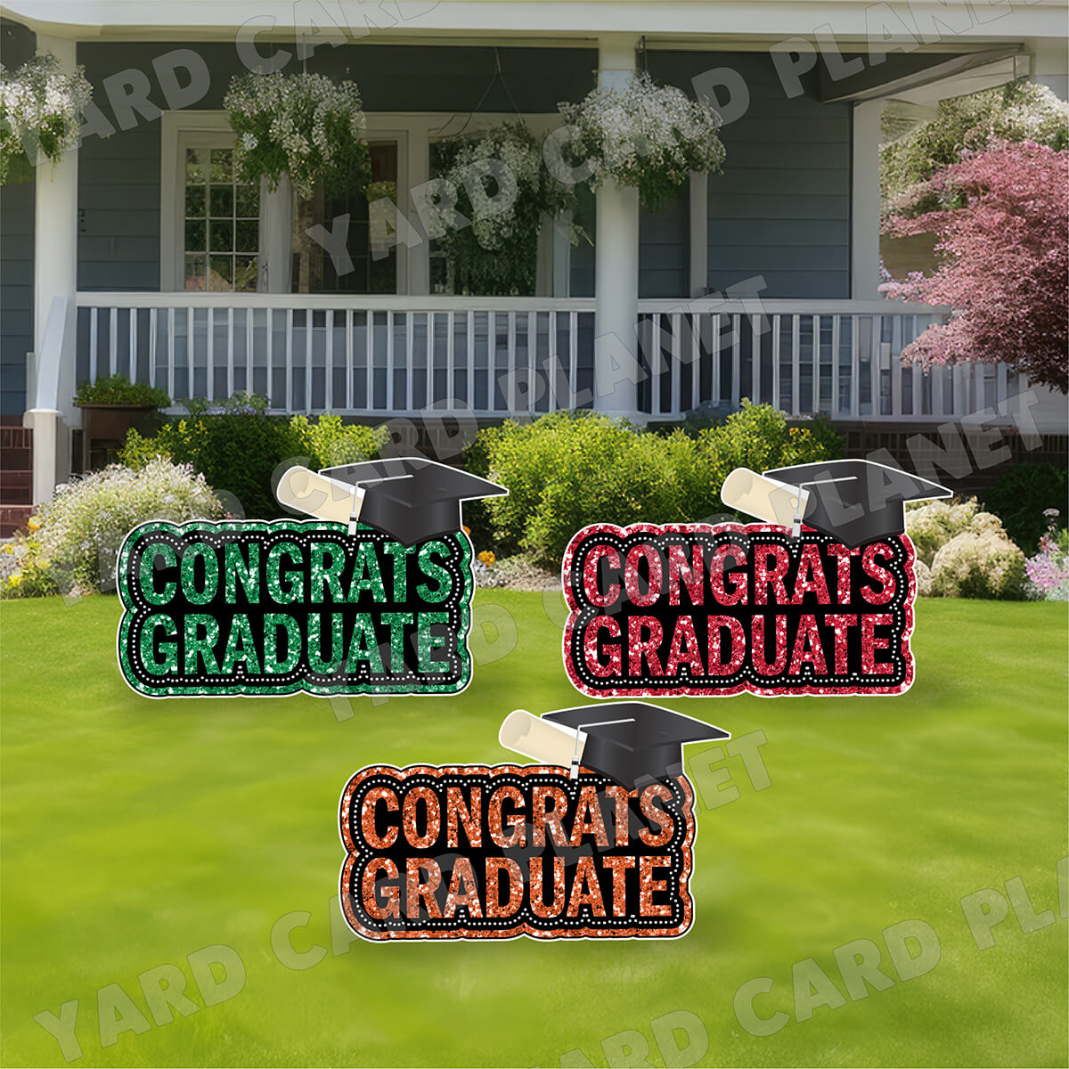 Congrats Graduate Orange, Green and Red Glitter EZ Quick Signs Yard Card Flair Set