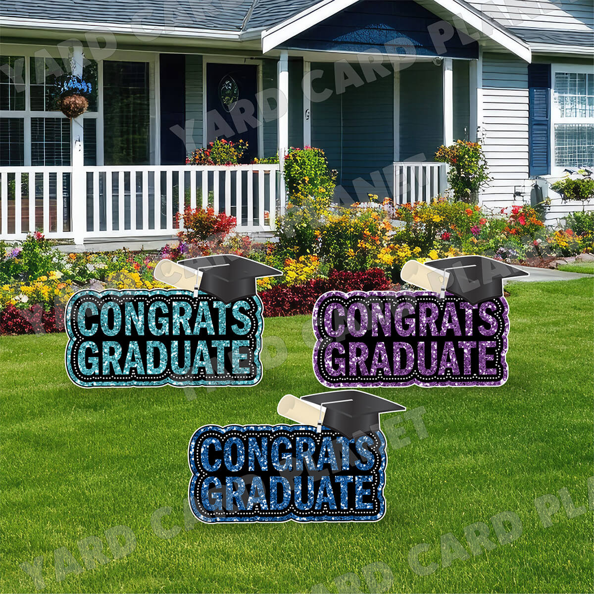 Congrats Graduate Blue, Teal and Purple Glitter EZ Quick Signs Yard Card Flair Set