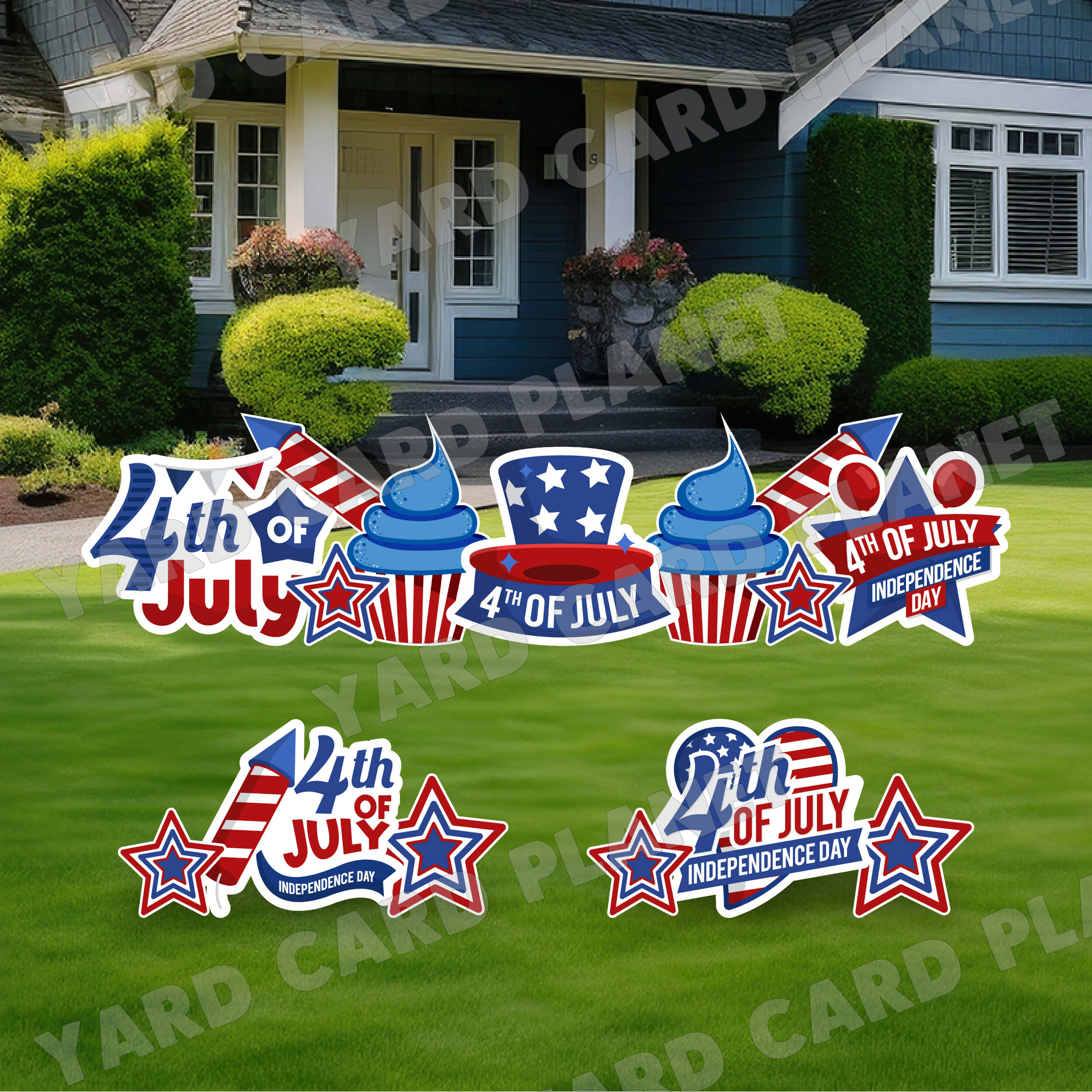4th of July Independence Day Signs, Cupcakes, Stars and Fireworks Yard Card Flair Set