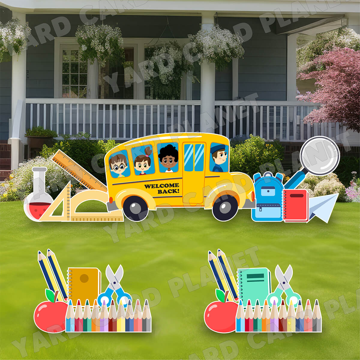 Welcome Back Bus and School Supplies Yard Card Flair Set