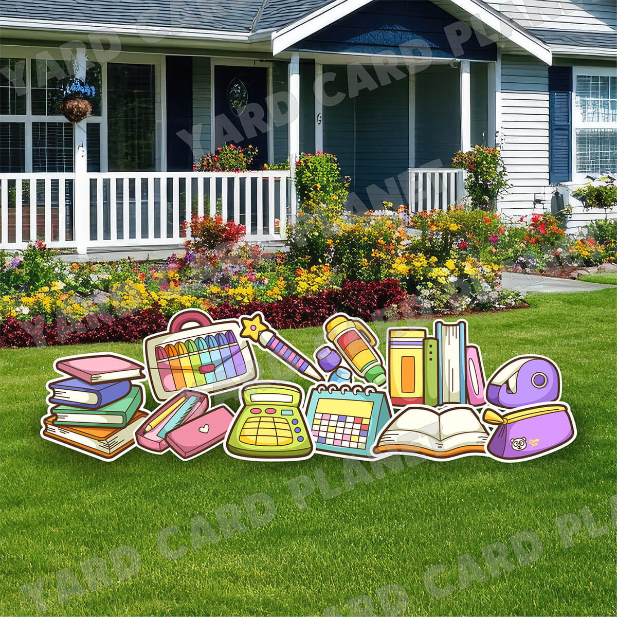 Colorful Illustrated School Supplies Yard Card Flair Set