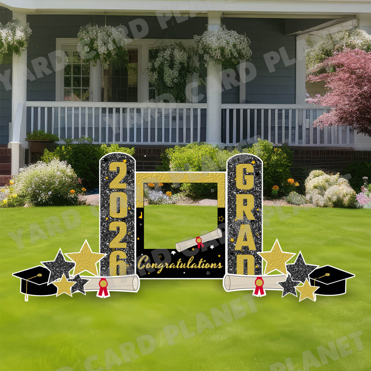 Gold and Black Congratulations Grad Photo Frame and EZ Setup Pillars Yard Card Set