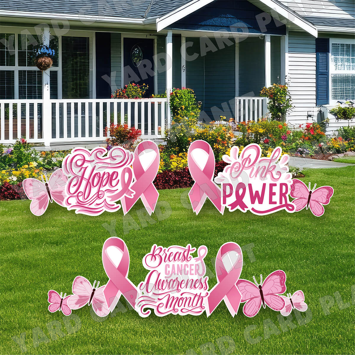 Breast Cancer Awareness Pink Power and Butterflies Yard Card Flair Set