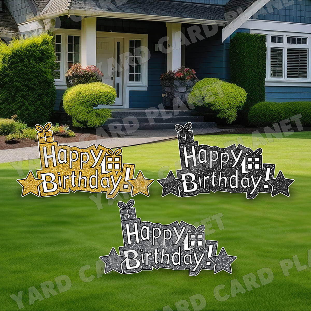 Happy Birthday Gold, Black and Silver Glitter EZ Quick Signs and Stars Yard Card Flair Set