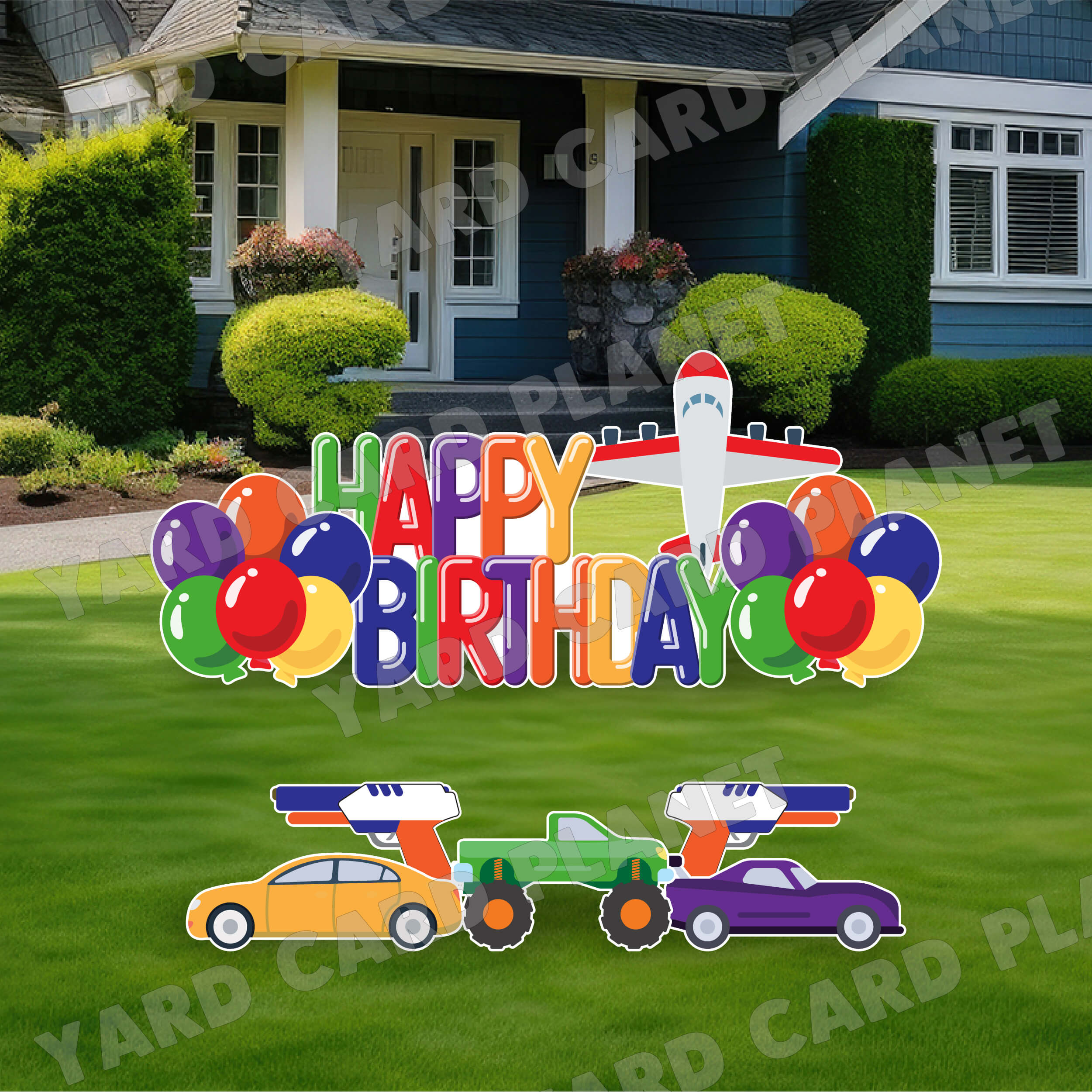 Boys Balloon Shaped Happy Birthday EZ Quick Sign and Toys Yard Card Flair Set