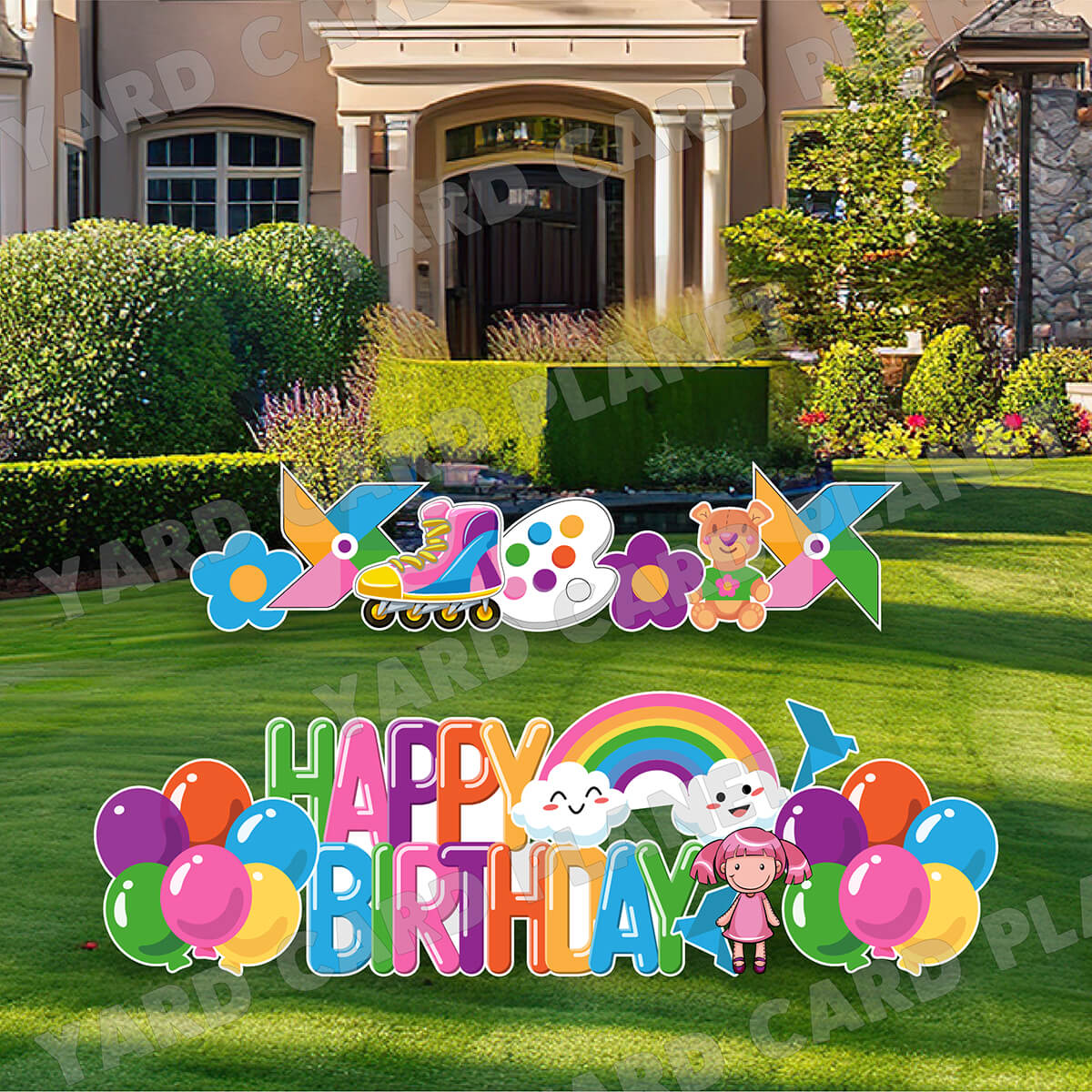 Girls Balloon Shaped Happy Birthday EZ Quick Sign and Cutesy Yard Card Flair Set