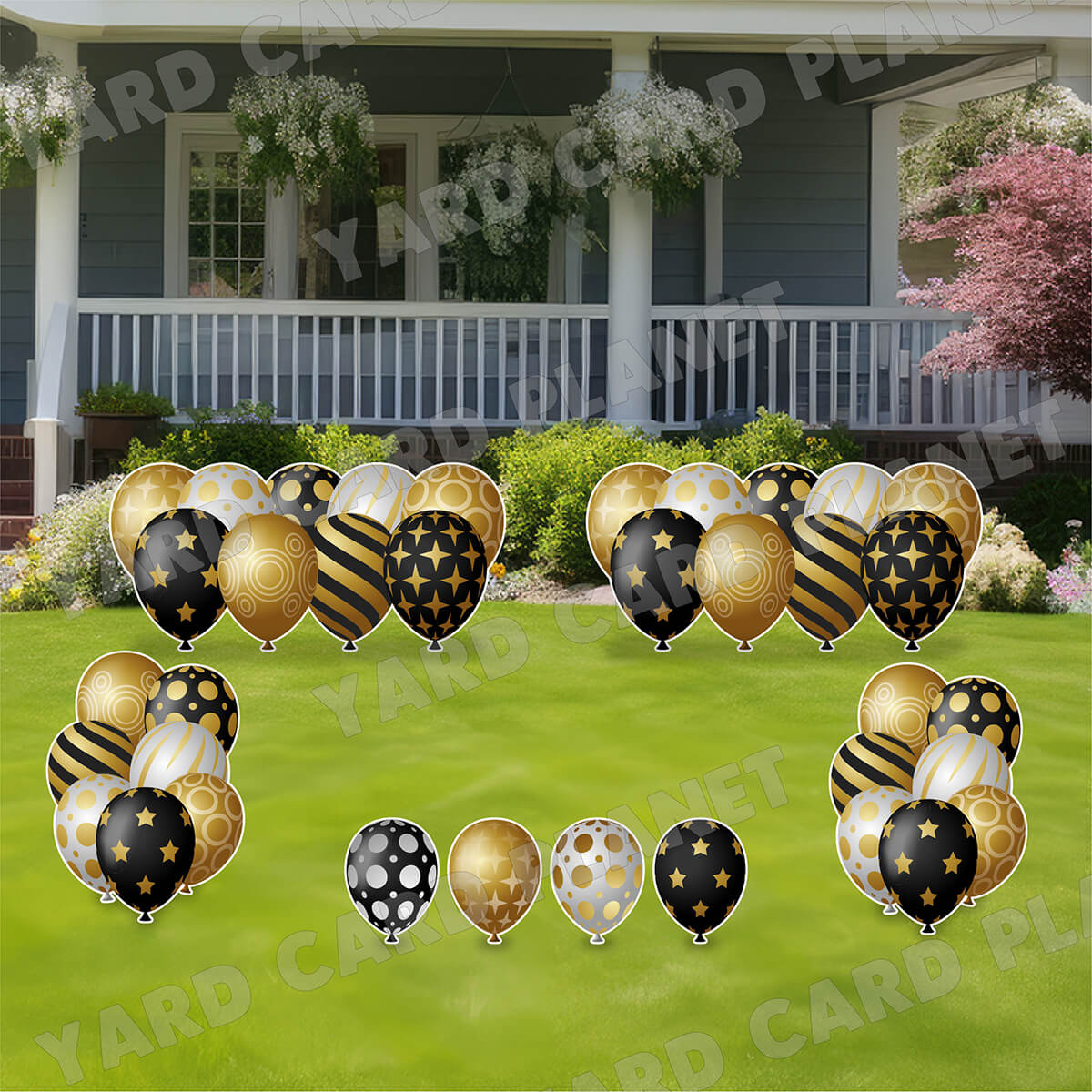 Black, Gold and Silver Elegant Metallic Balloons EZ Setup Panels and Borders Yard Card Set