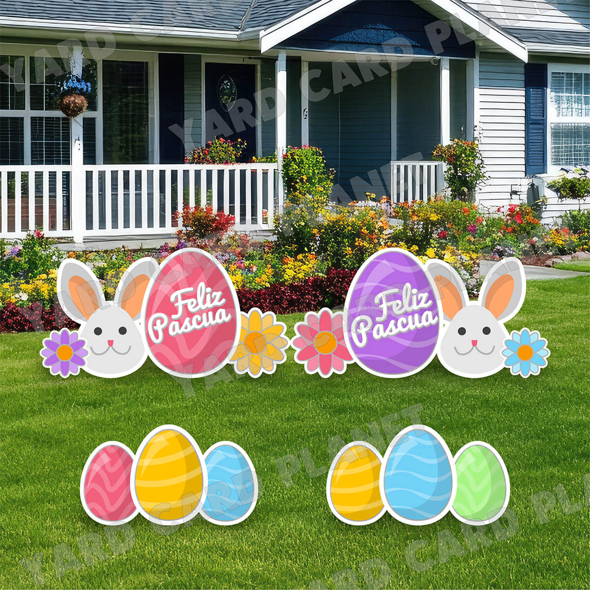 Feliz Pascua Easter Bunny and Easter Eggs Yard Card Flair Set