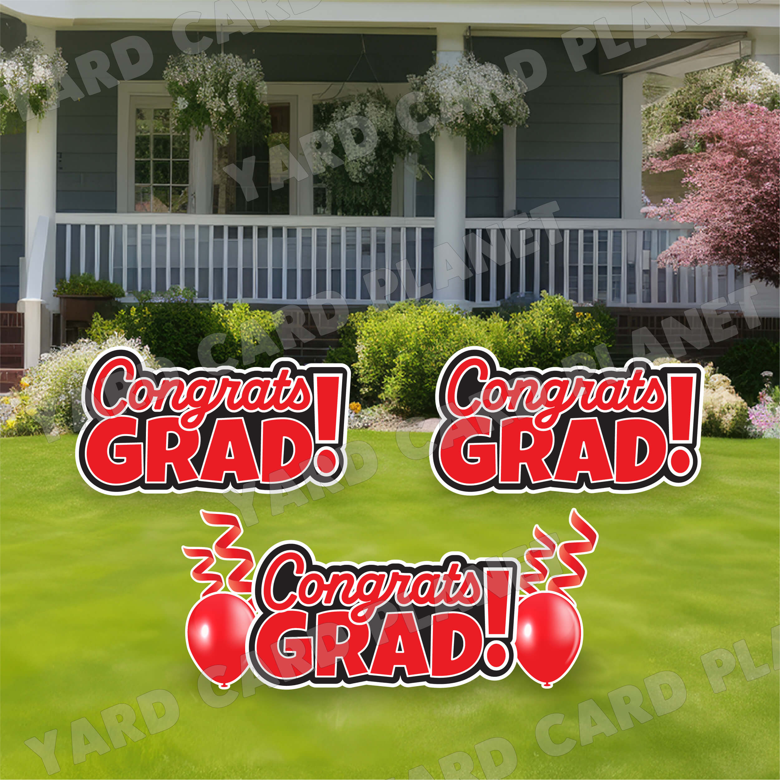 Red Congrats Grad EZ Quick Signs with Matching Balloons and Streamers Yard Card Flair Set