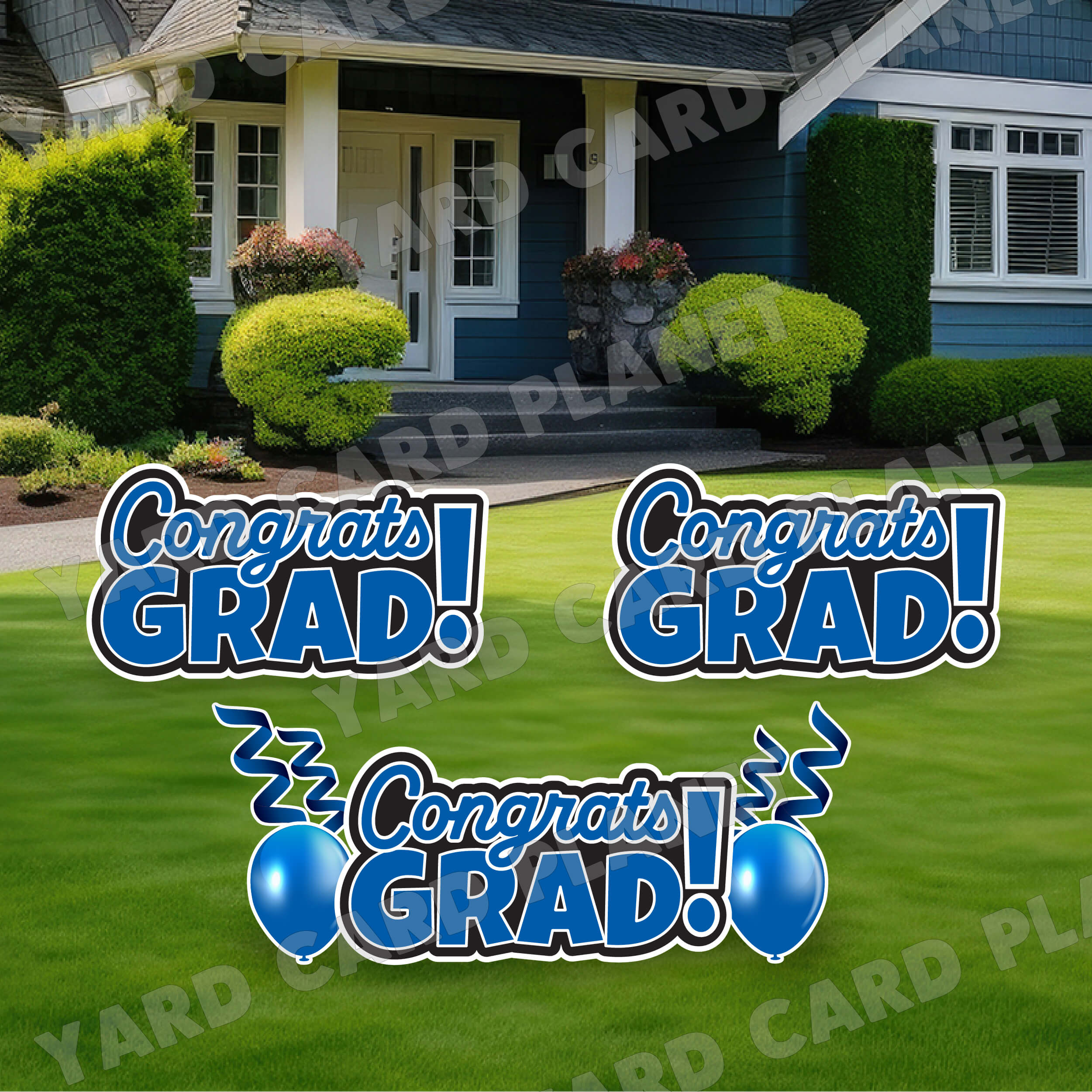 Blue Congrats Grad EZ Quick Signs with Matching Balloons and Streamers Yard Card Flair Set