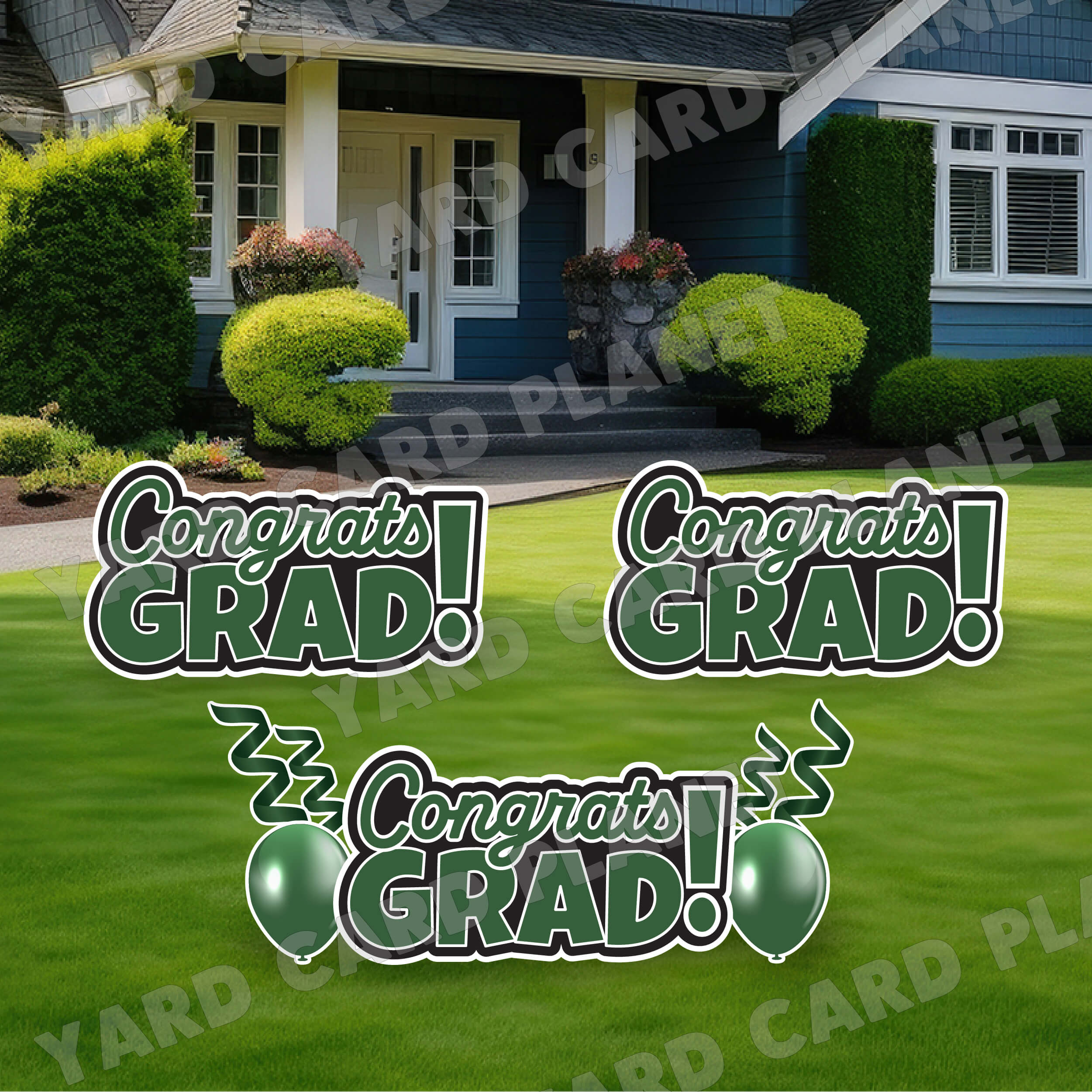 Hunter Green Congrats Grad EZ Quick Signs with Matching Balloons and Streamers Yard Card Flair Set