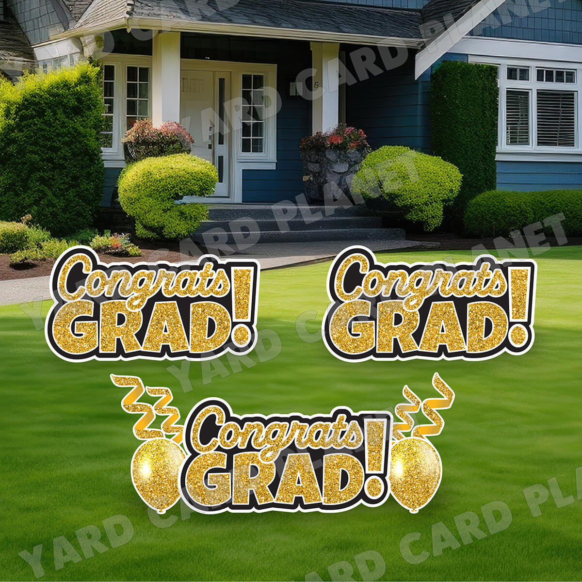 Gold Glitter Congrats Grad EZ Quick Signs with Matching Balloons and Streamers Yard Card Flair Set