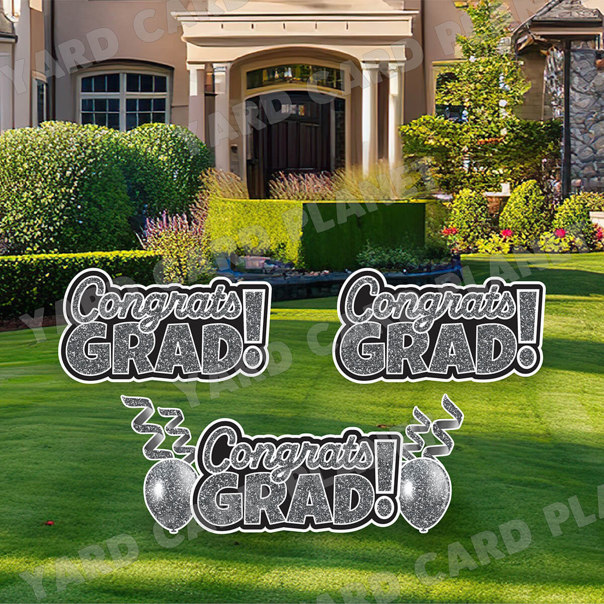 Silver Glitter Congrats Grad EZ Quick Signs with Matching Balloons and Streamers Yard Card Flair Set