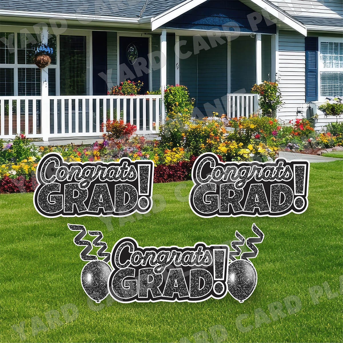 Black Glitter Congrats Grad EZ Quick Signs with Matching Balloons and Streamers Yard Card Flair Set