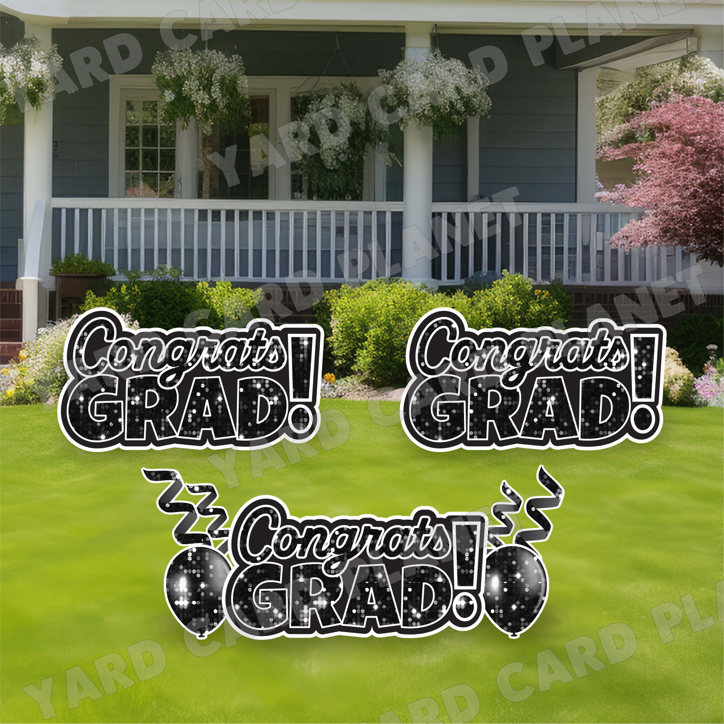 Black Sequin Congrats Grad EZ Quick Signs with Matching Balloons and Streamers Yard Card Flair Set