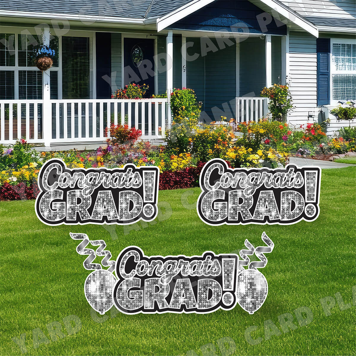 Silver Sequin Congrats Grad EZ Quick Signs with Matching Balloons and Streamers Yard Card Flair Set