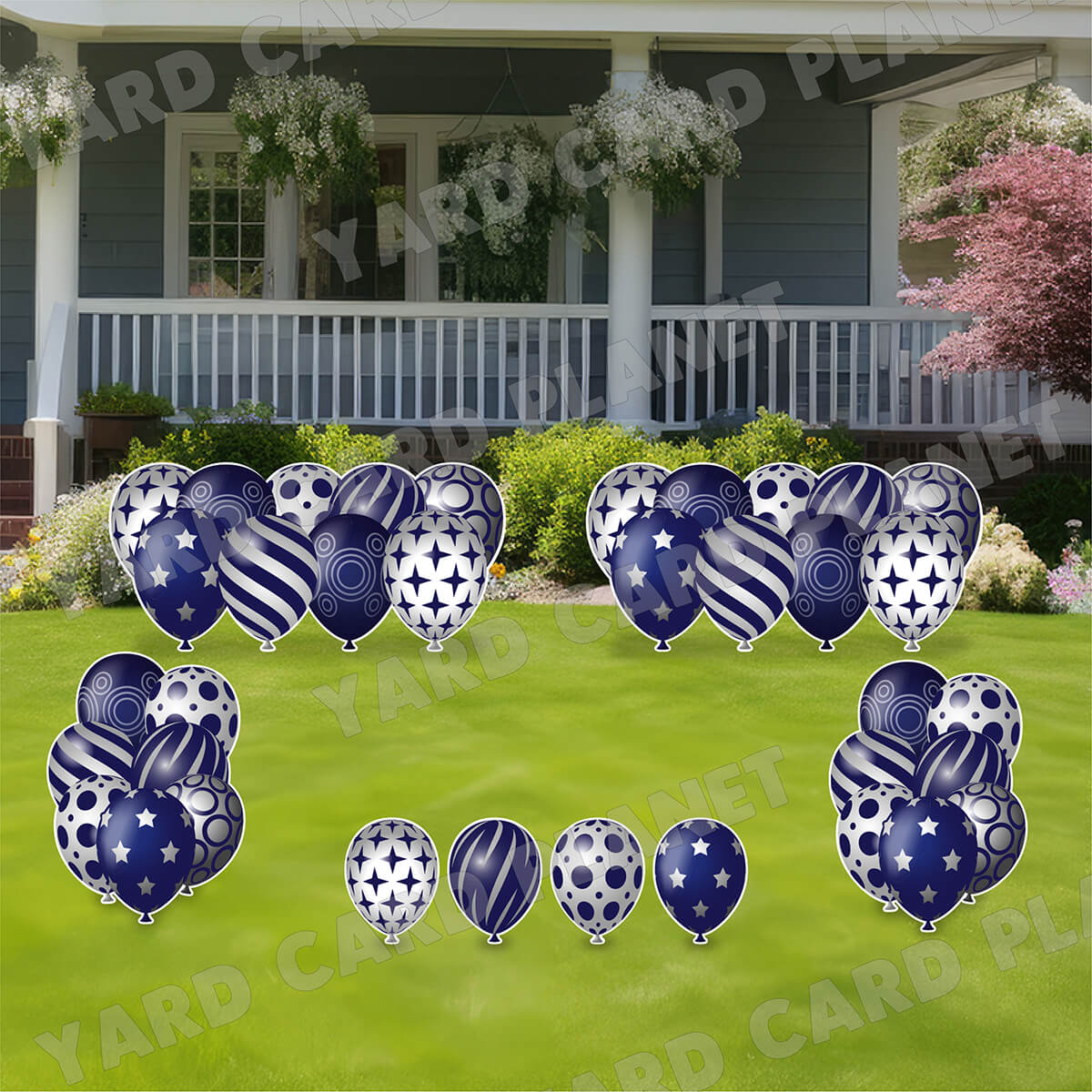 Navy Blue and Silver Elegant Metallic Balloons EZ Setup Panels and Borders Yard Card Set