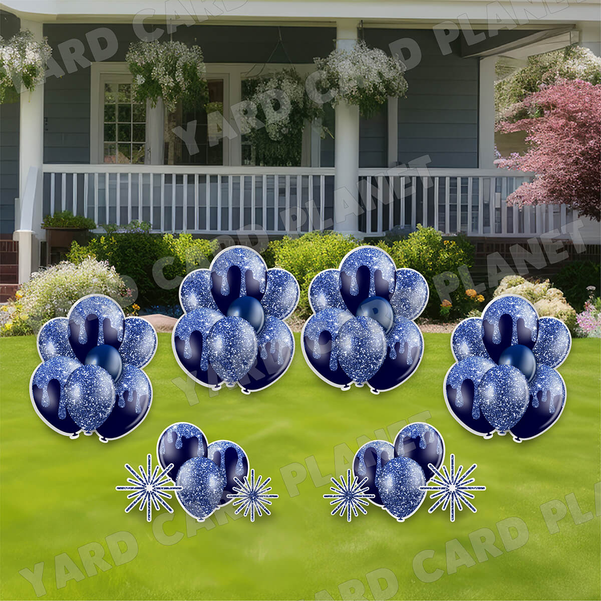Navy Blue Glitter Balloon Bouquets and Starbursts Yard Card Set