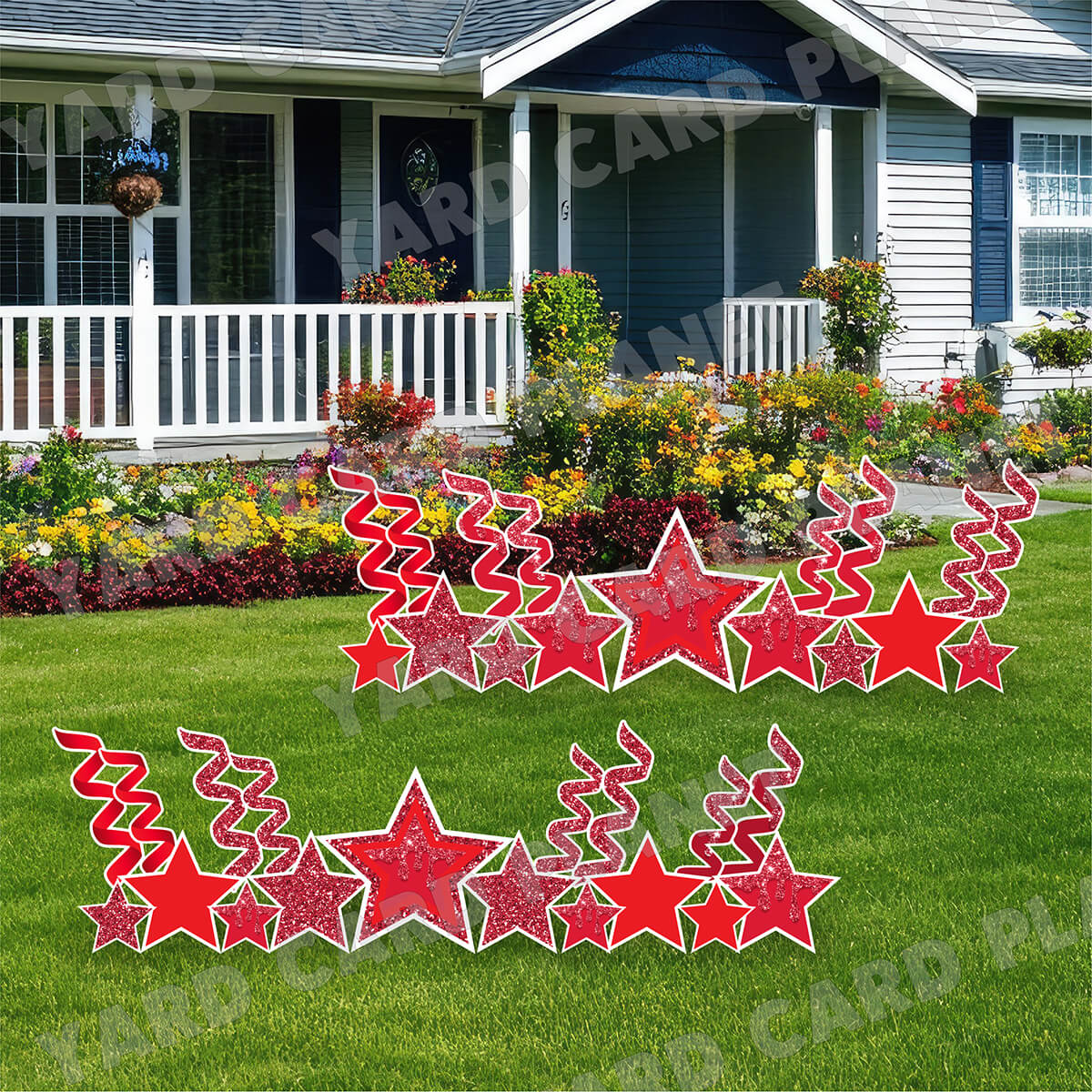 Red Glitter and Solid Stars and Streamers Yard Card Flair Set