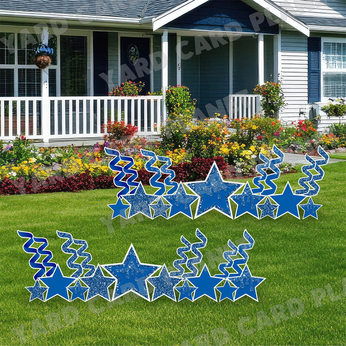 Blue Glitter and Solid Stars and Streamers Yard Card Flair Set