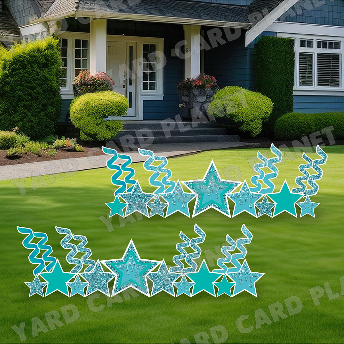 Teal Glitter and Solid Stars and Streamers Yard Card Flair Set