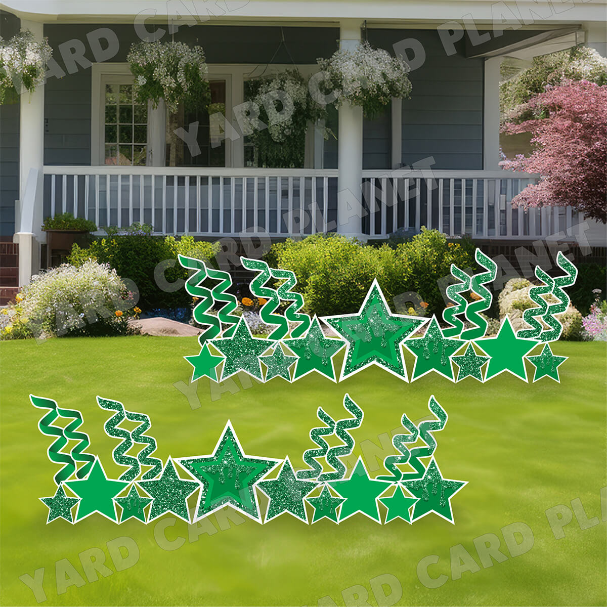 Green Glitter and Solid Stars and Streamers Yard Card Flair Set