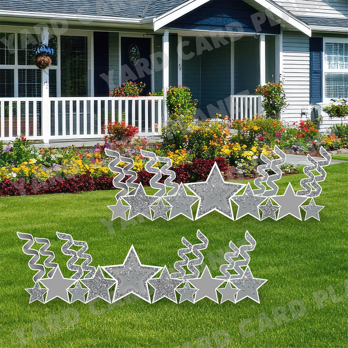 Silver Glitter and Solid Stars and Streamers Yard Card Flair Set