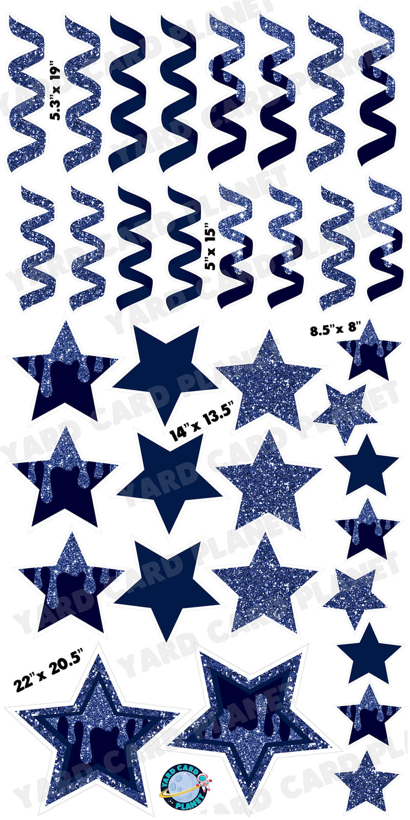 Navy Blue Glitter and Solid Stars and Streamers Yard Card Flair Set