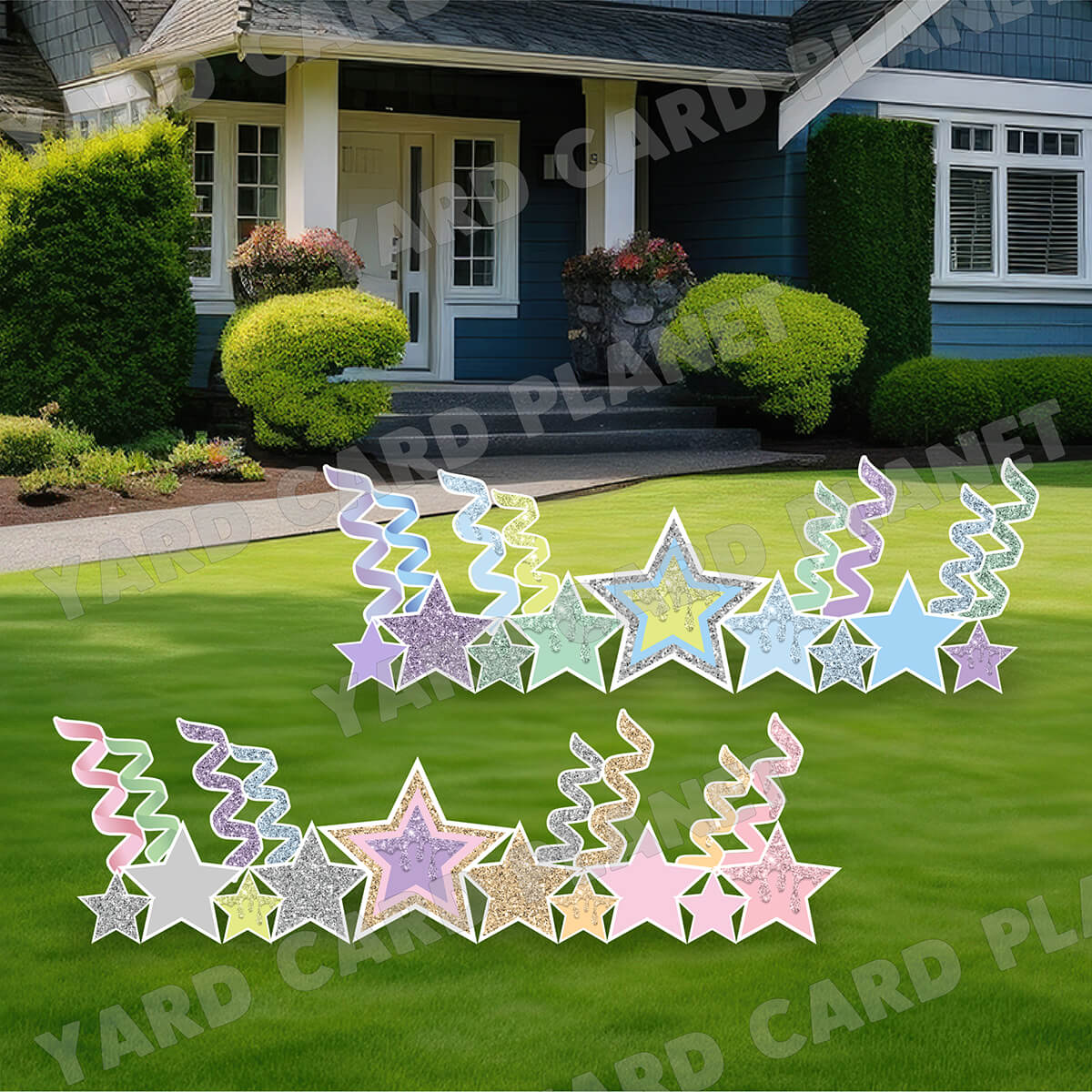 Pastel Multi Colored Glitter and Solid Stars and Streamers Yard Card Flair Set