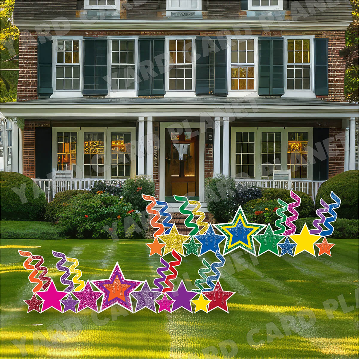 Bright Multi Colored Glitter and Solid Stars and Streamers Yard Card Flair Set