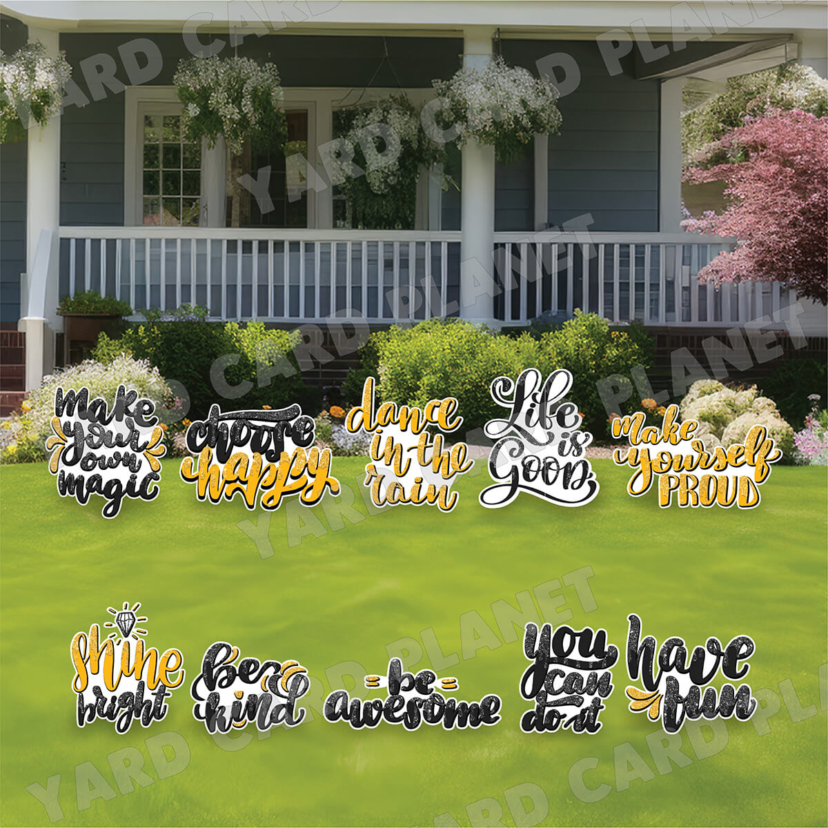 Gold and Black Drip Glitter Inspirational and Motivational Sayings Yard Card Flair Set