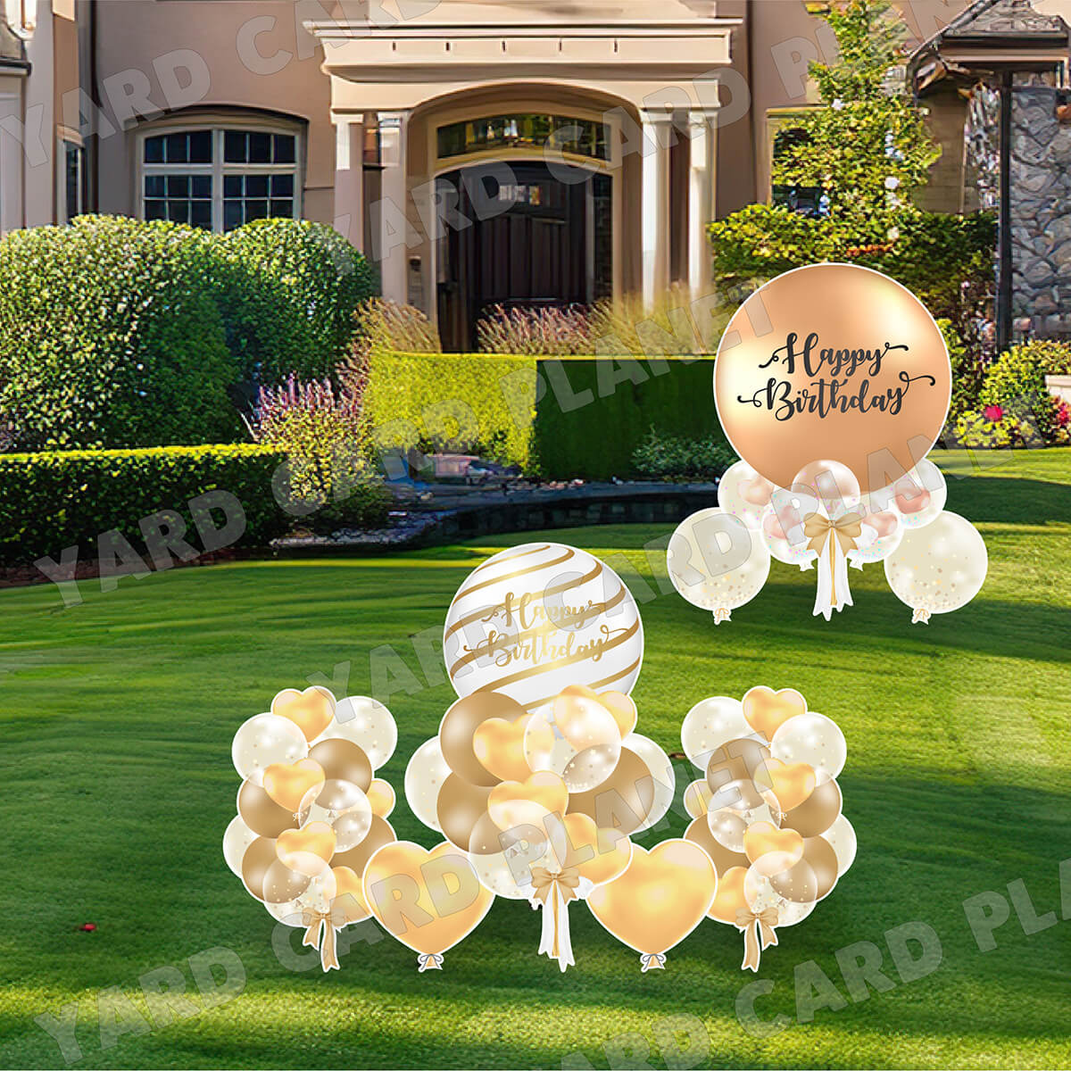 Elegant Gold Tone Happy Birthday Balloon Bouquets Yard Card Set