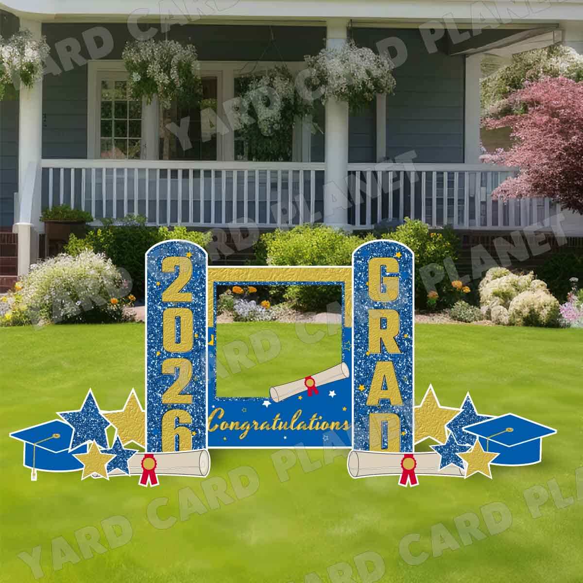 Gold and Blue Congratulations Grad Photo Frame and EZ Setup Pillars Yard Card Set