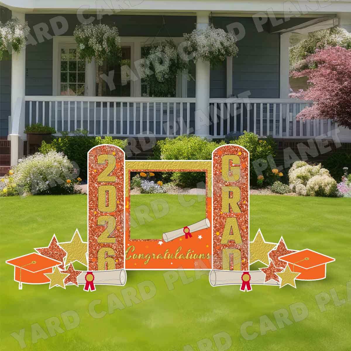 Gold and Orange Congratulations Grad Photo Frame and EZ Setup Pillars Yard Card Set
