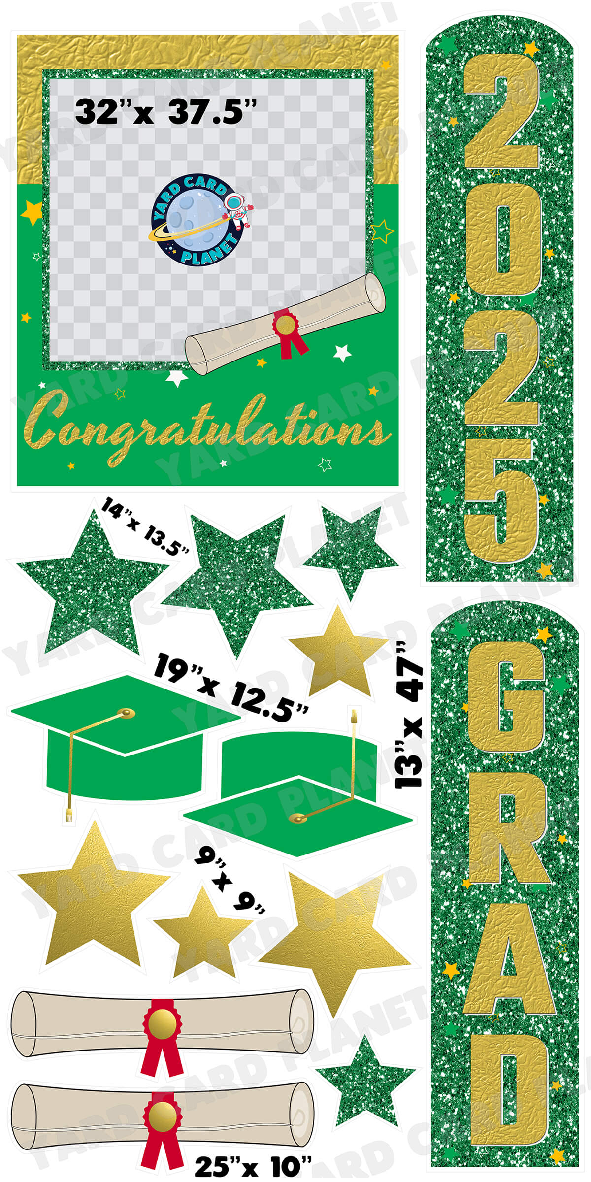 Gold and Green Congratulations Grad Photo Frame and EZ Setup Pillars Yard Card Set