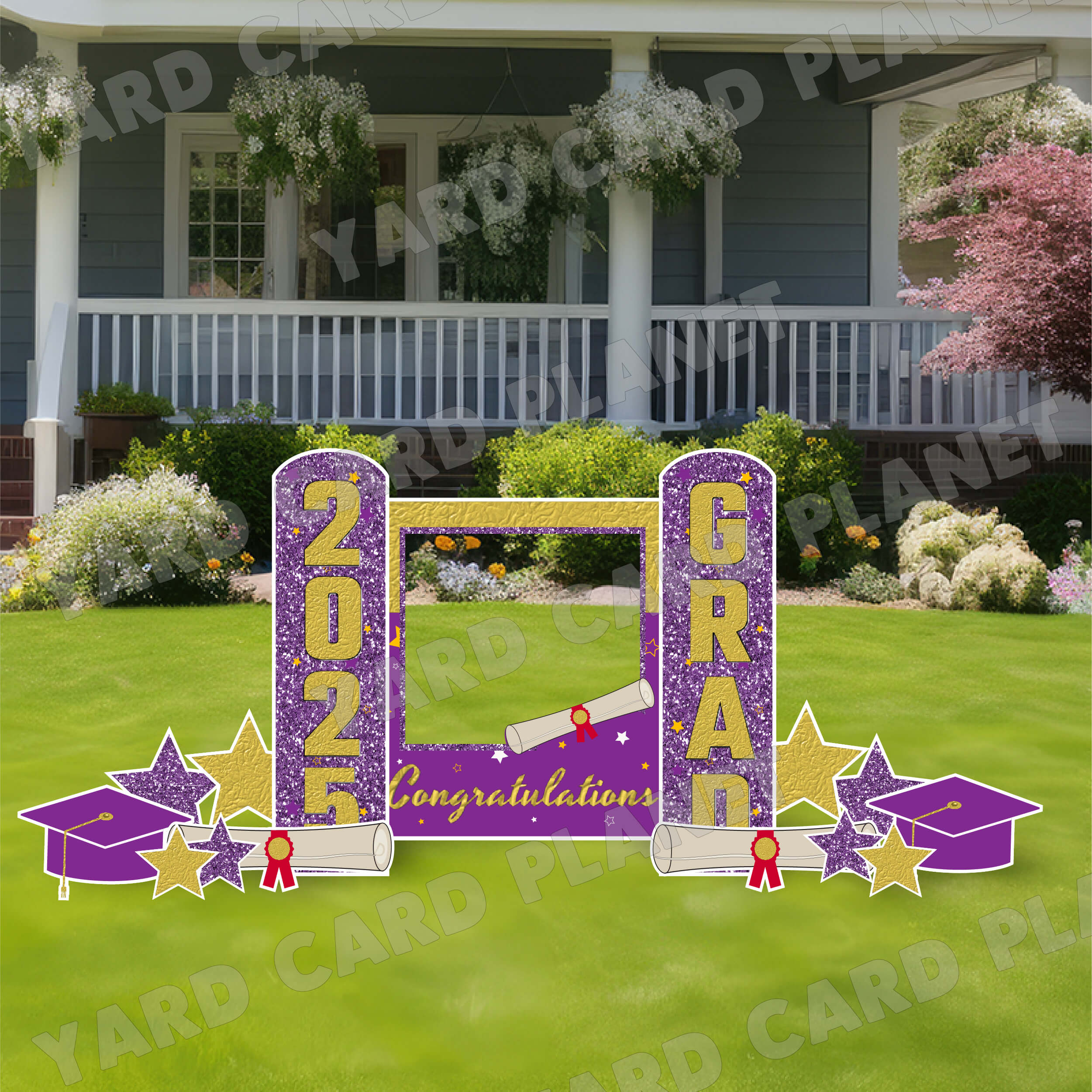 Gold and Purple Congratulations Grad Photo Frame and EZ Setup Pillars Yard Card Set