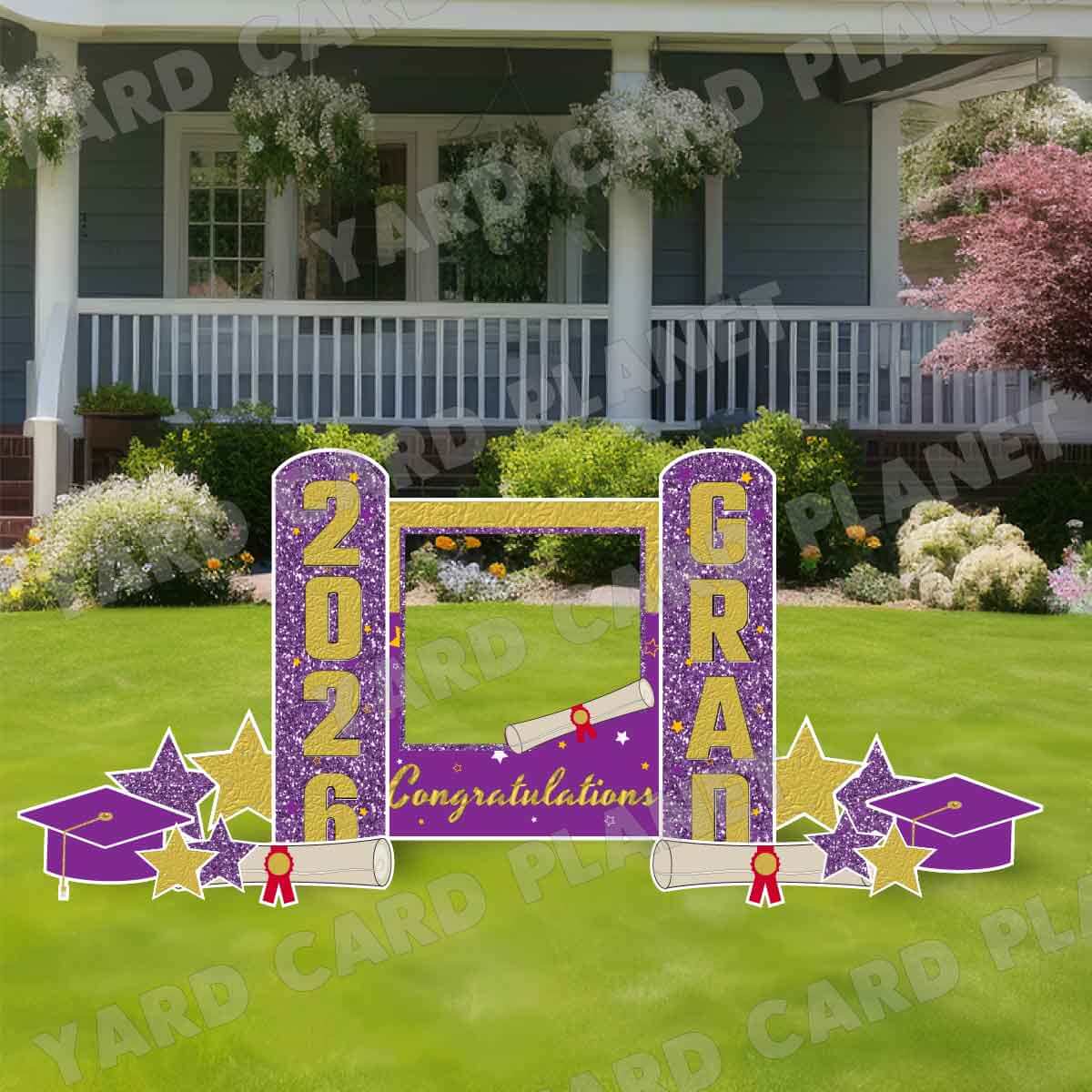 Gold and Purple Congratulations Grad Photo Frame and EZ Setup Pillars Yard Card Set