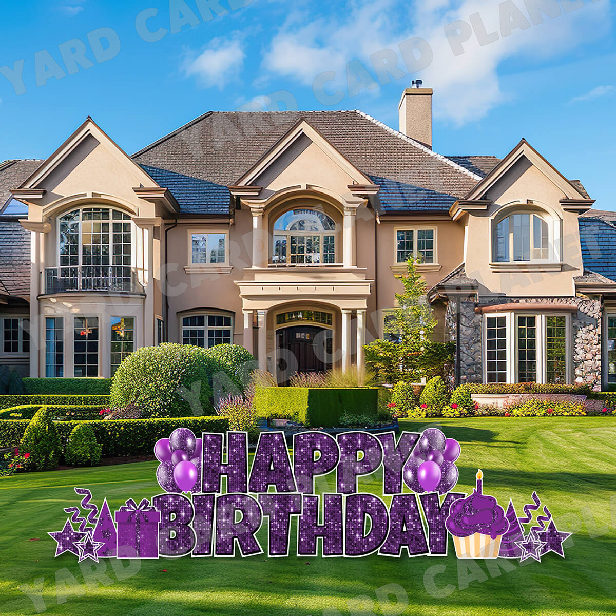 Large 23.5" Sequin Purple Happy Birthday Individual Letters in Luckiest Guy Font and Birthday Flair Set