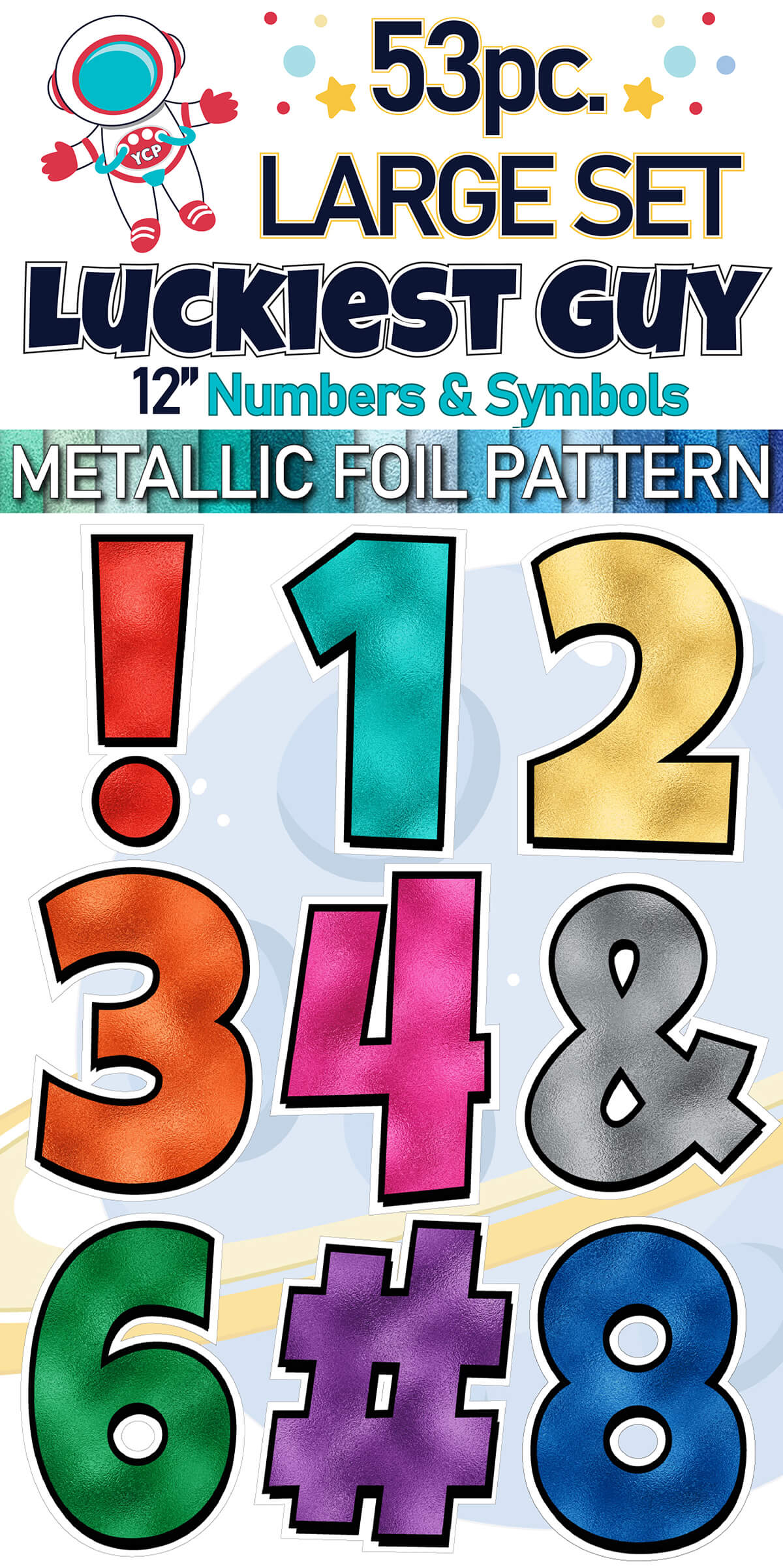 12" Luckiest Guy 53 pc. Numbers and Symbols Set in Metallic Foil Pattern
