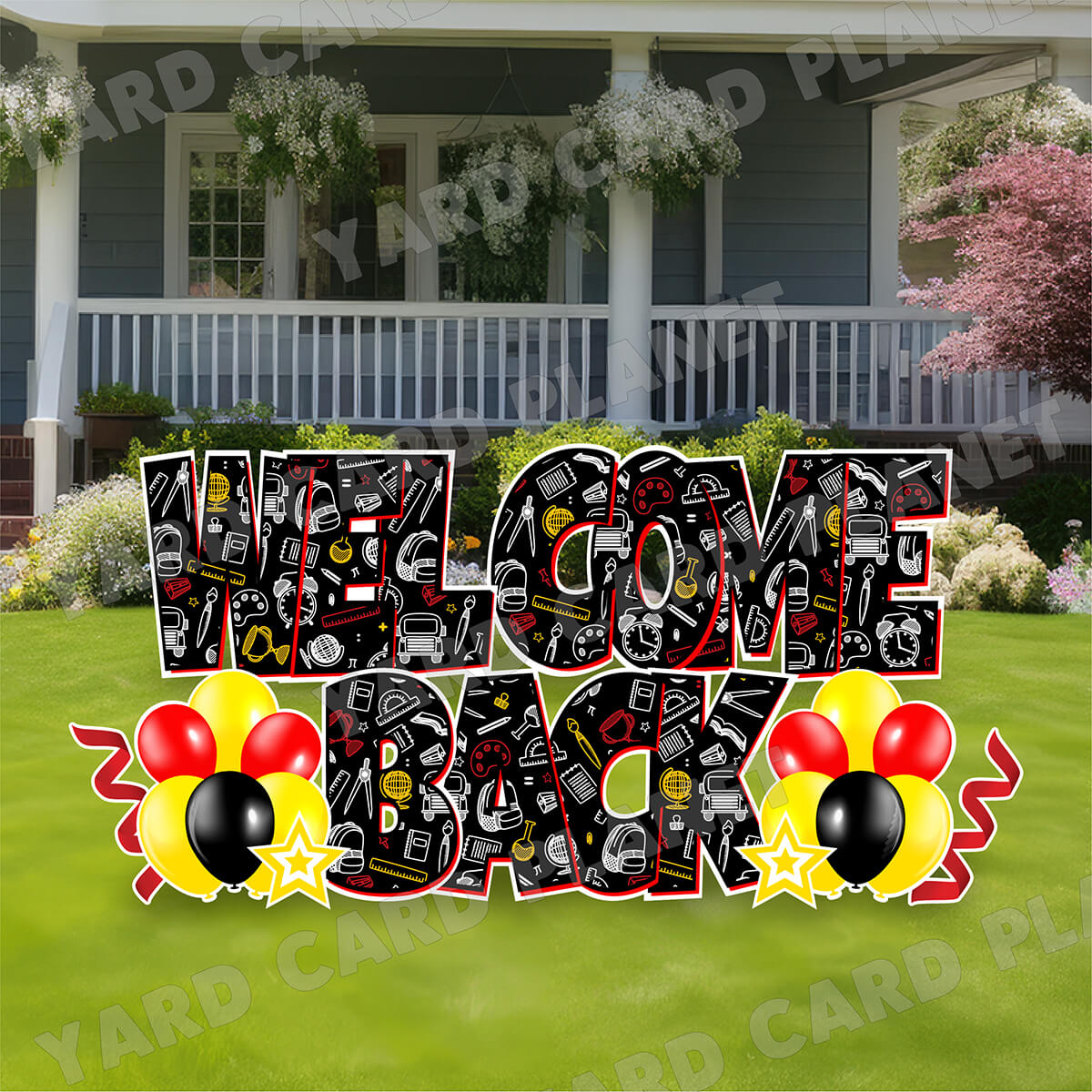 Large 23" Welcome Back School Essentials Yard Card EZ Quick Set in Luckiest Guy Font with Matching Flair