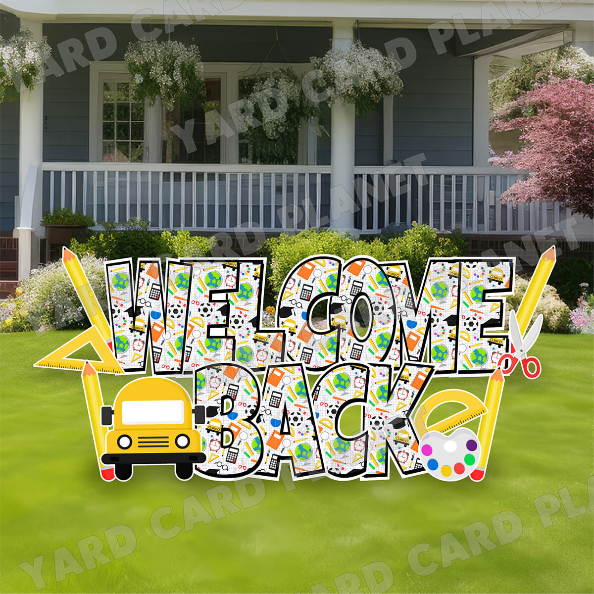 Large 23" Welcome Back School Bus and Supplies Yard Card EZ Quick Set in Luckiest Guy Font with Matching Flair