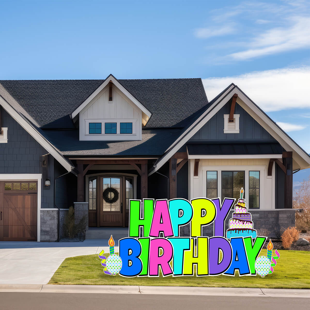 Large 23.5" Multi Neon Colored Happy Birthday Yard Card EZ Quick Set in Luckiest Guy Font and Birthday Flair